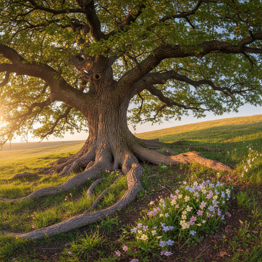An ancient, weathered oak tree with deep, textured bark and a broad, protective canopy, its roots visibly gripping the earth above a gently sloping hillside. Around the base, tiny new shoots and wildflowers in soft pastel hues emerge from once-barren ground. Golden hour sunlight filters through the leaves, casting dappled light and long, gentle shadows across the grass. Captured in photographic realism from a slightly low angle, the composition uses the rule of thirds to highlight both the solid trunk and the tender growth below. The atmosphere is peaceful and reverent, evoking resilience, faithfulness, and the quiet assurance of growth after long seasons of darkness.