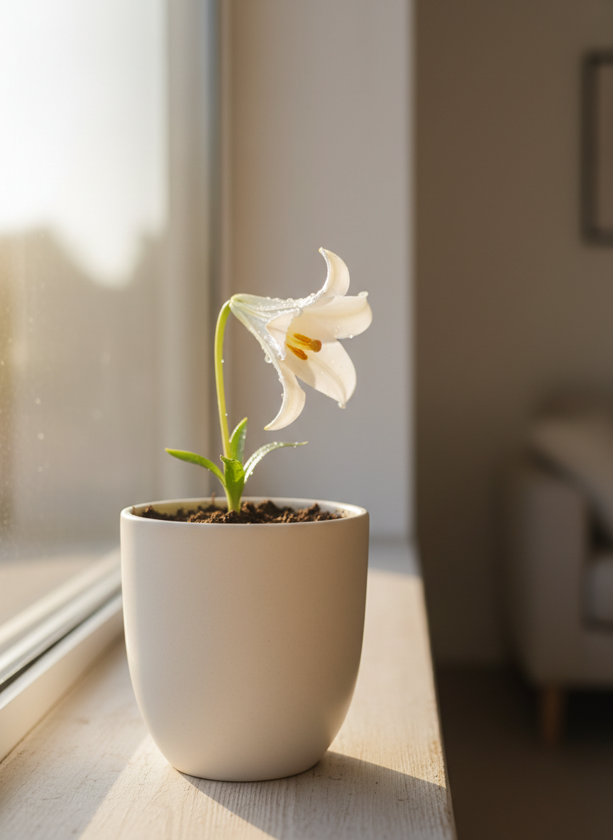 A single delicate white lily emerging from rich, dark soil inside an elegant matte-ceramic pot, a few glistening droplets of water clinging to its smooth petals. The pot rests on a simple wooden surface near a large window, with soft early-morning sunlight streaming in and creating a subtle halo along the flower’s edges. The background is gently blurred, suggesting a quiet interior space with muted neutral tones. Photographic realism, eye-level composition, and shallow depth of field emphasize the fragile yet determined bloom, symbolizing healing and hope. The mood is serene and sophisticated, with a clean, modern aesthetic that feels calm, contemplative, and rooted in quiet strength.